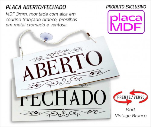 Placa Aberto Fechado Mod. Vintage Branca