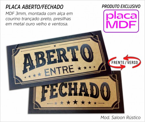 Placa Aberto Fechado Mod. Saloon Rústico