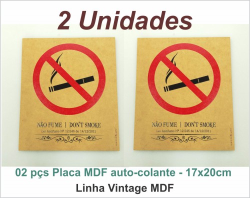 Kit 2 Placas Não Fume MDF Autocolante - Linha Vintage 17x20cm